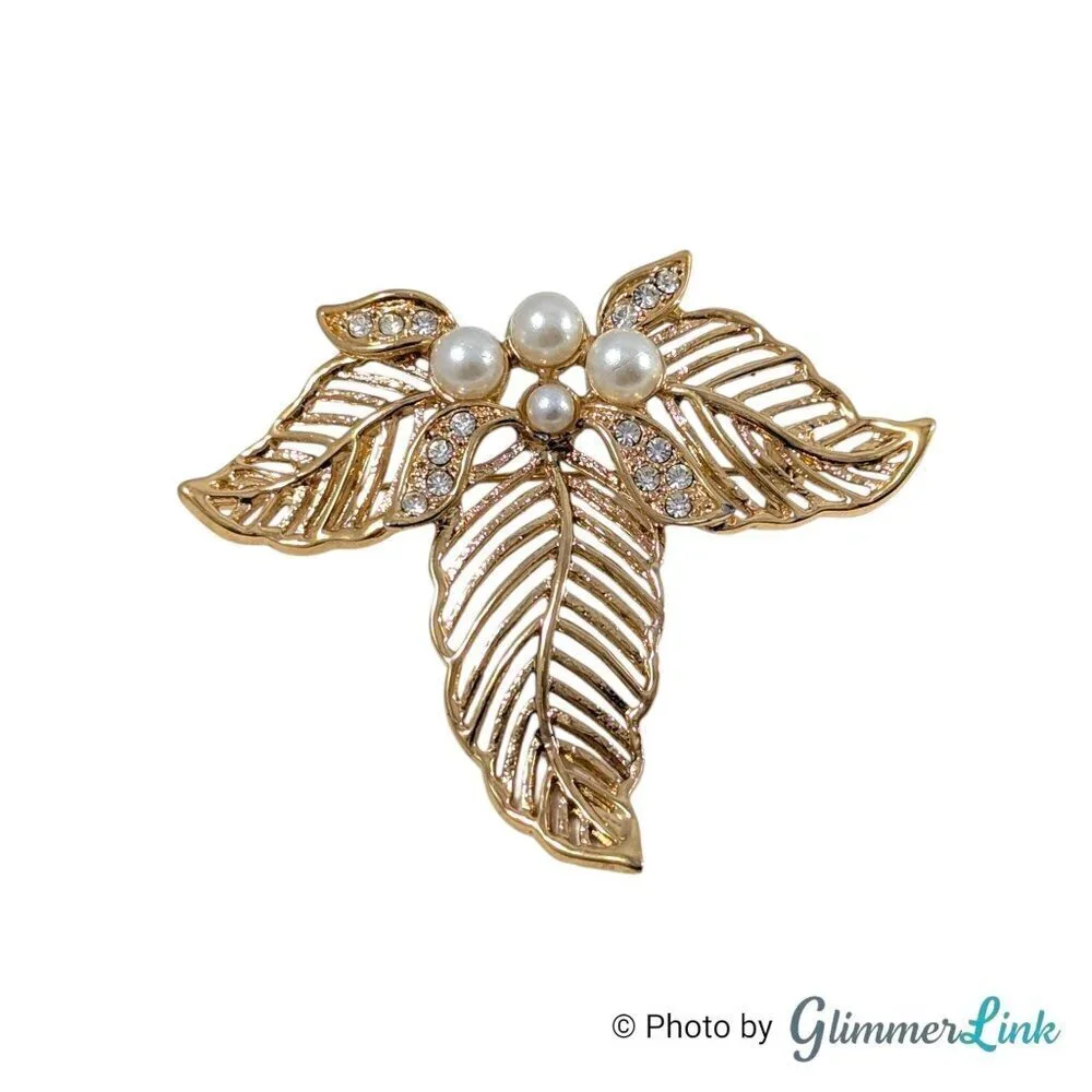 Vintage Filigree Openwork Leaf Trio Faux Pearl Rhinestone Gold Tone Brooch